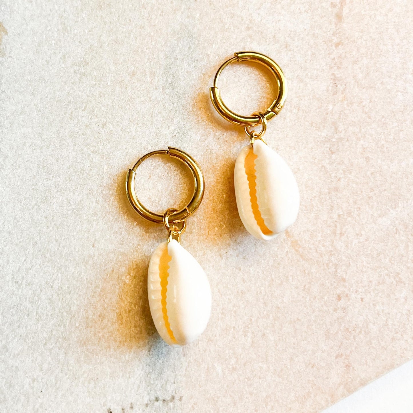 Gold Shell Huggie Earrings, Coastal Summer Hoop Earrings, Beach Jewellery, Cowrie Shell Charm Hoops, Holiday Accessories Gift