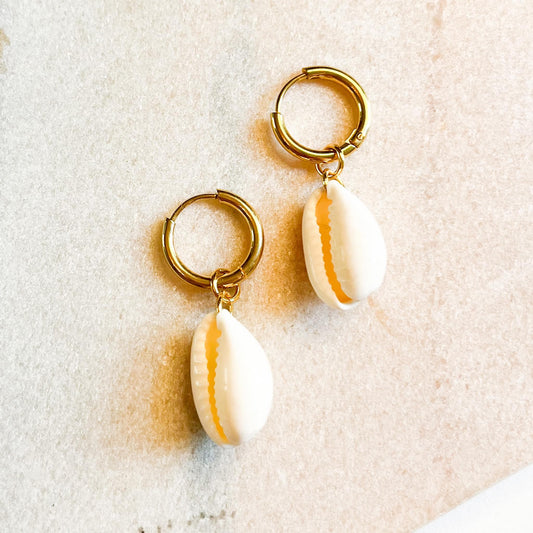 Gold Shell Huggie Earrings, Coastal Summer Hoop Earrings, Beach Jewellery, Cowrie Shell Charm Hoops, Holiday Accessories Gift