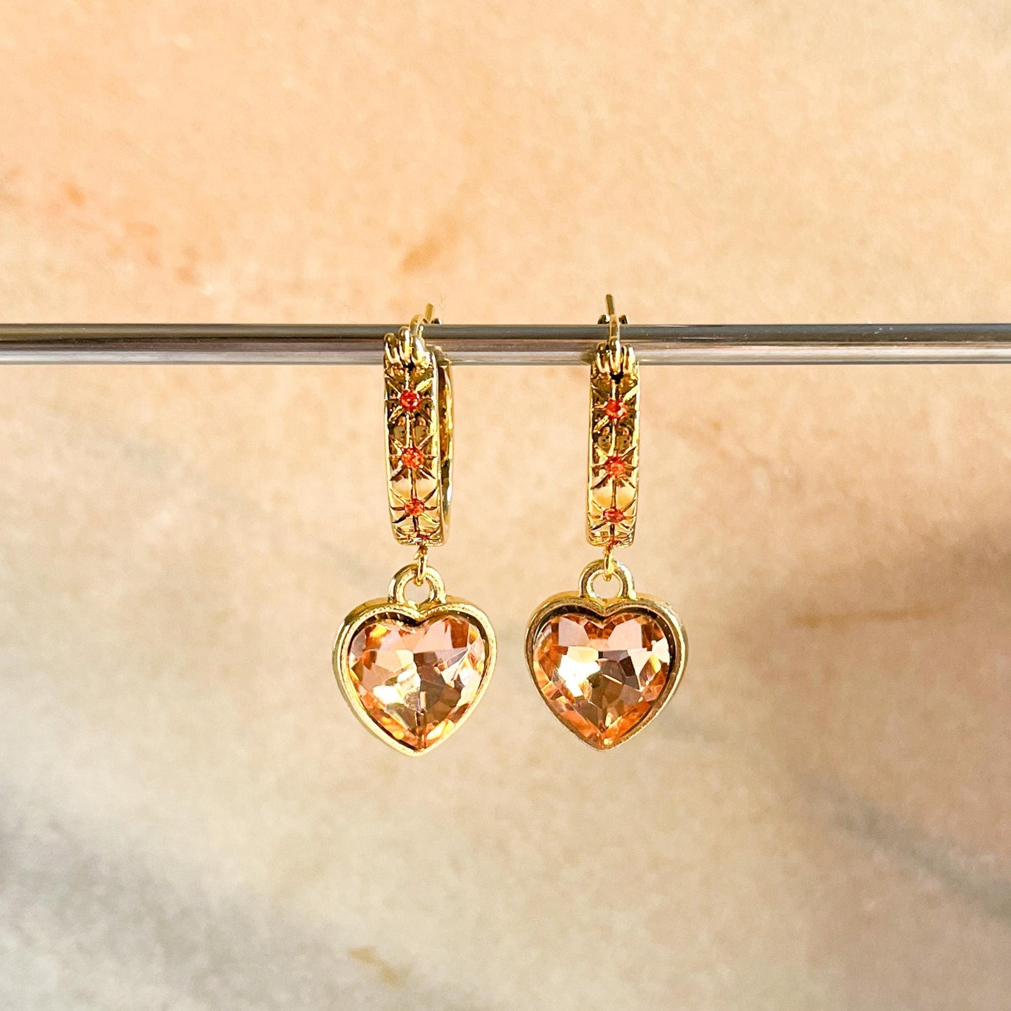 Gold Heart Drop Earrings – Peach or Lavender Crystal Huggies – Romantic Statement Jewellery – Gift for Her – Valentine Earrings