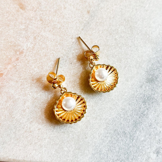 Gold Shell Pearl Earrings, Seashell Drop Earrings, Ocean Inspired Jewellery, Coastal Earrings, Beach Jewellery Gift