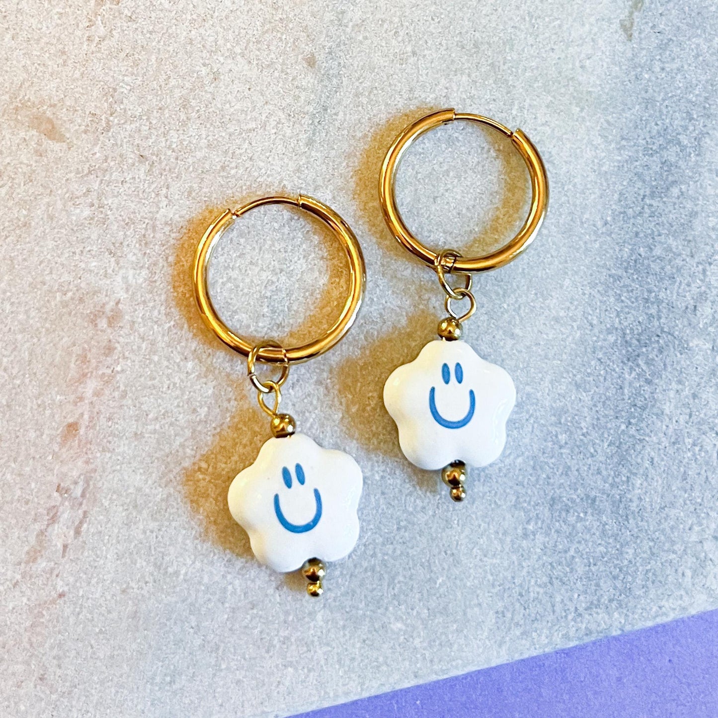 Happy Cloud Smiley Face Hoop Earrings | Gold Plated Huggie Charm Jewelry