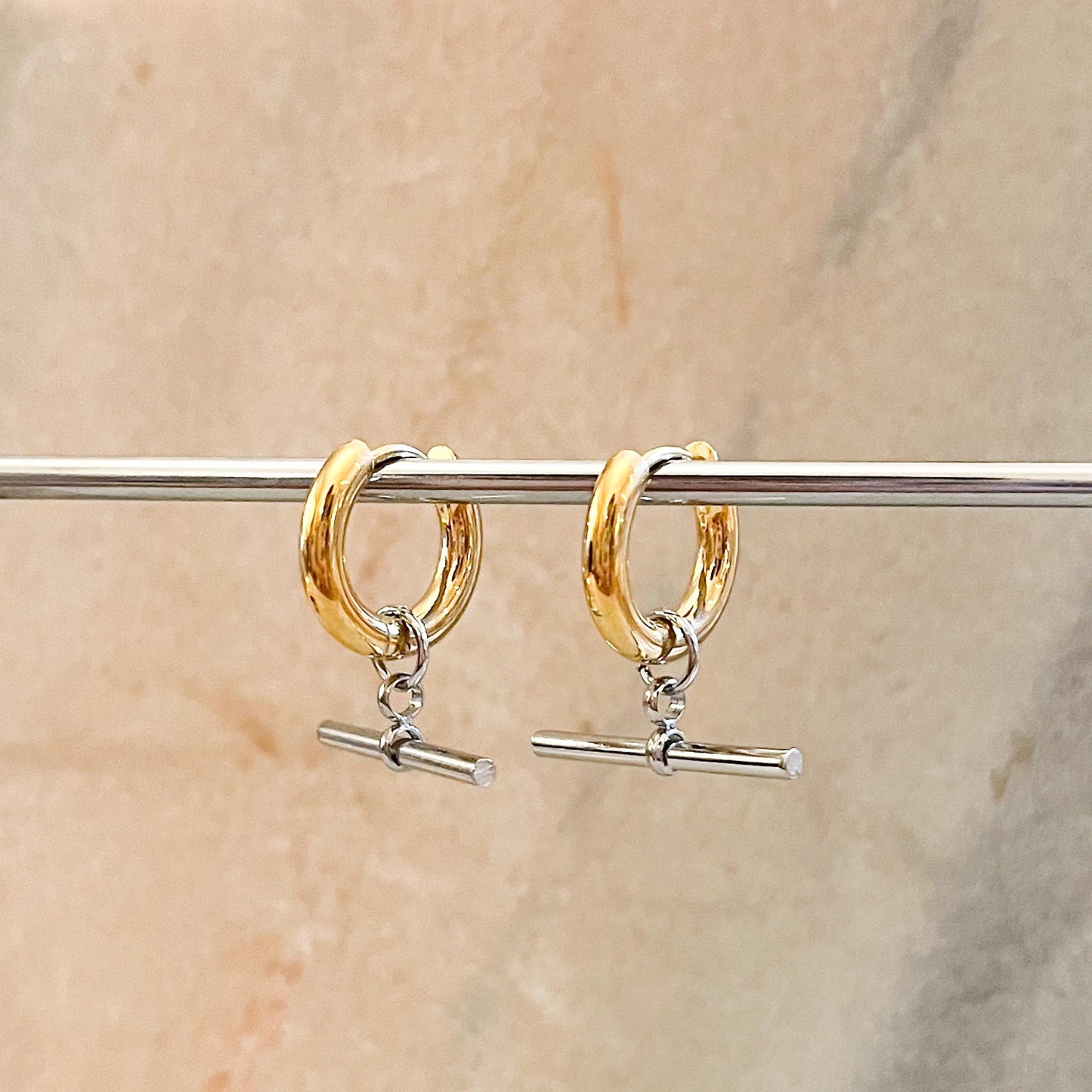 Art Deco T-Bar Toggle Huggie Hoop Earrings in Gold or Silver, Minimalist Geometric Dangle Hoops, Modern Earrings for Her