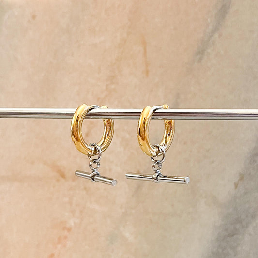 Art Deco T-Bar Toggle Huggie Hoop Earrings in Gold or Silver, Minimalist Geometric Dangle Hoops, Modern Earrings for Her