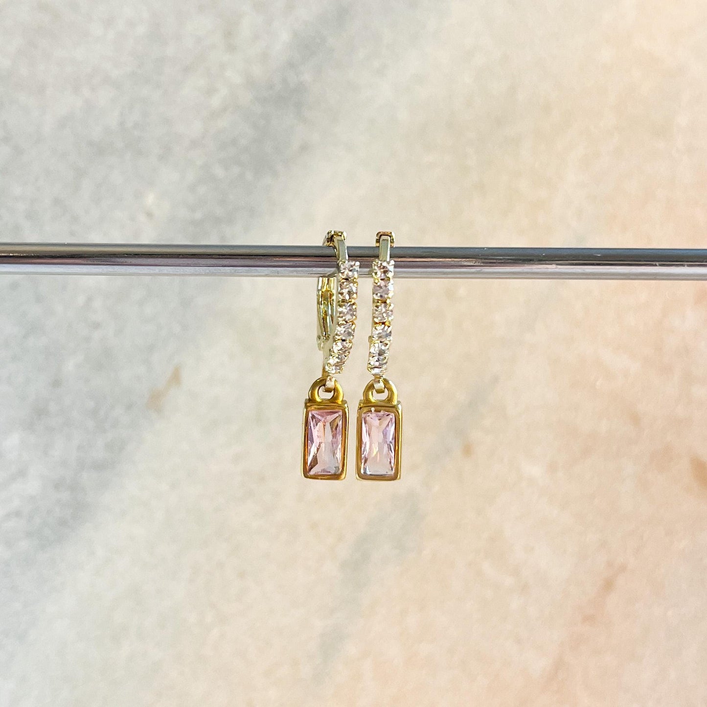 Gold Pink Crystal Huggie Earrings, Baguette Drop Hoop Earrings, Dainty Sparkly Gold Hoops, Minimal Jewellery Gift for Her