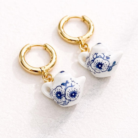 Teapot Hoop Earrings, Cute Tea Lover Earrings, Blue Floral Teapot Jewellery, Cottagecore Earrings, Tea Gift for Her
