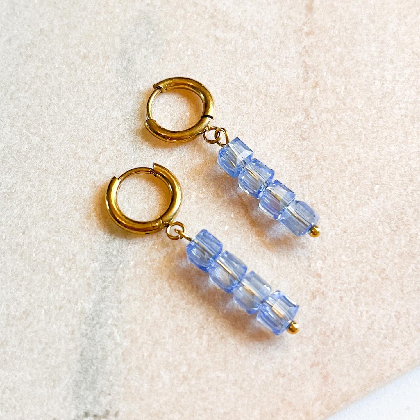 Blue Beaded Hoop Earrings – Gold Huggie Drops – Light Blue Cube Bead Earrings – Minimal Summer Jewellery – Cute Gift for Her