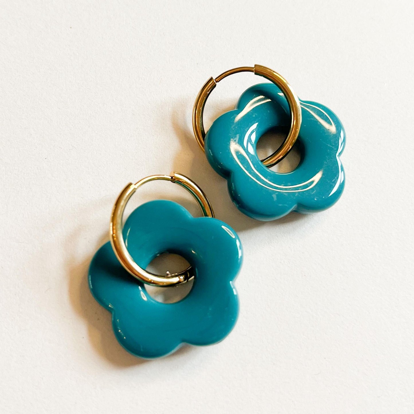 Chunky Flower Hoop Earrings, Colourful Resin Flower Earrings, Gold Huggie Hoops, Statement Floral Jewellery, Gift for Her