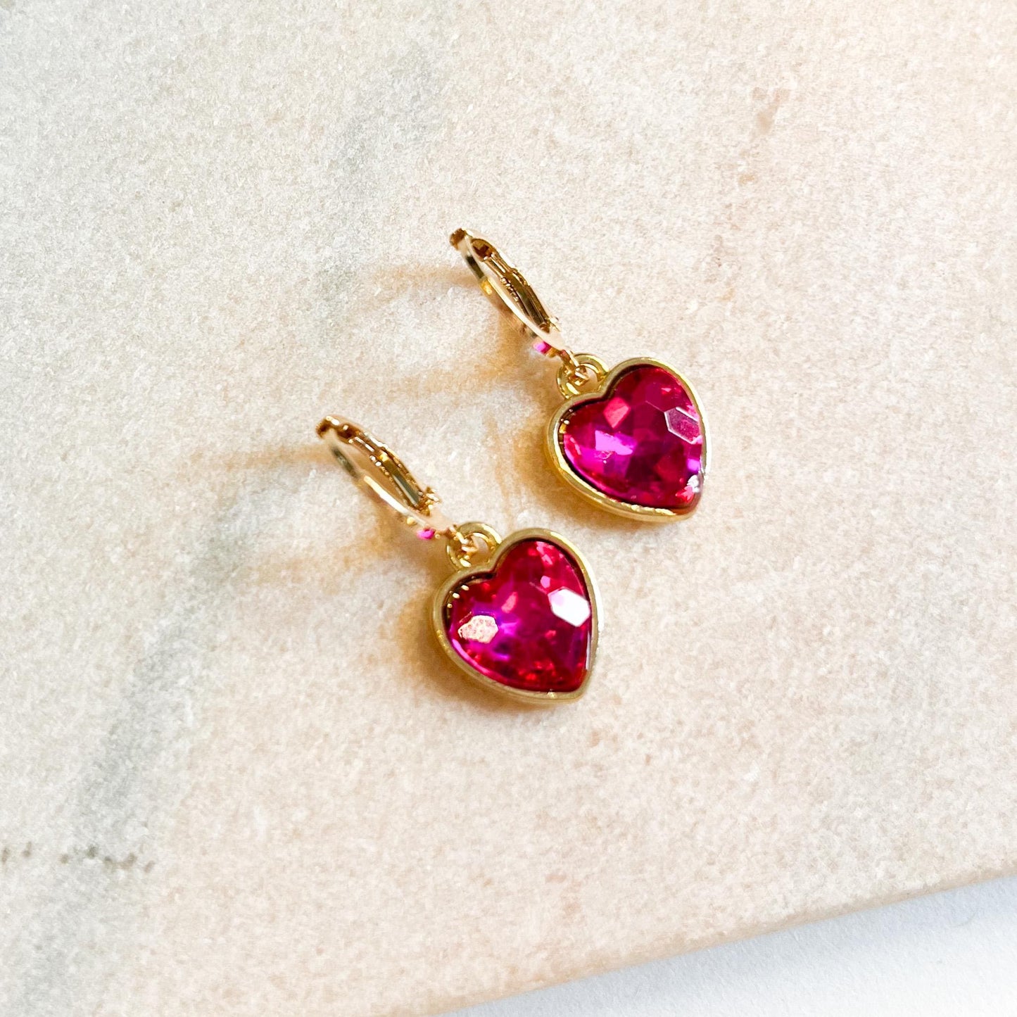 Gold Heart Drop Earrings, Pink or Clear Crystal Heart Hoops, Romantic Gift for Her, Valentine’s Jewellery, Cute Dainty Earrings