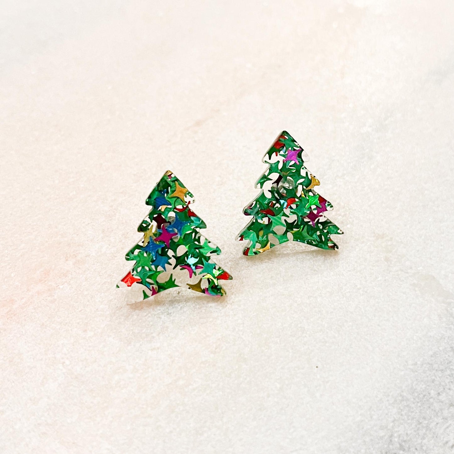 Green Confetti Glitter Christmas Tree Stud Earrings, Acrylic Holiday, Festive Xmas