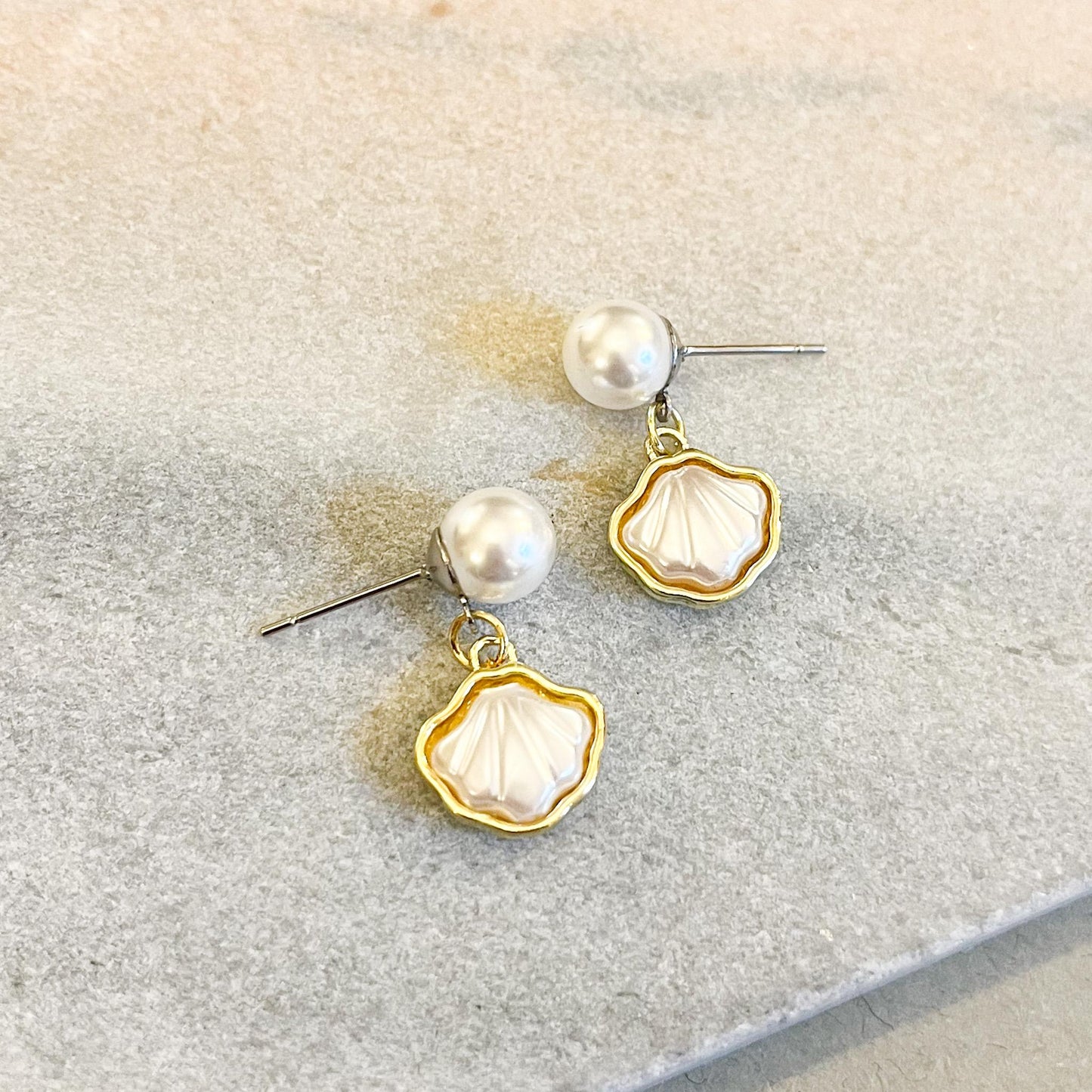 Art Deco Gold Pearl Seashell Earrings, Scalloped Shell Drop Studs, Bridesmaid Gift, Beach Wedding Jewelry