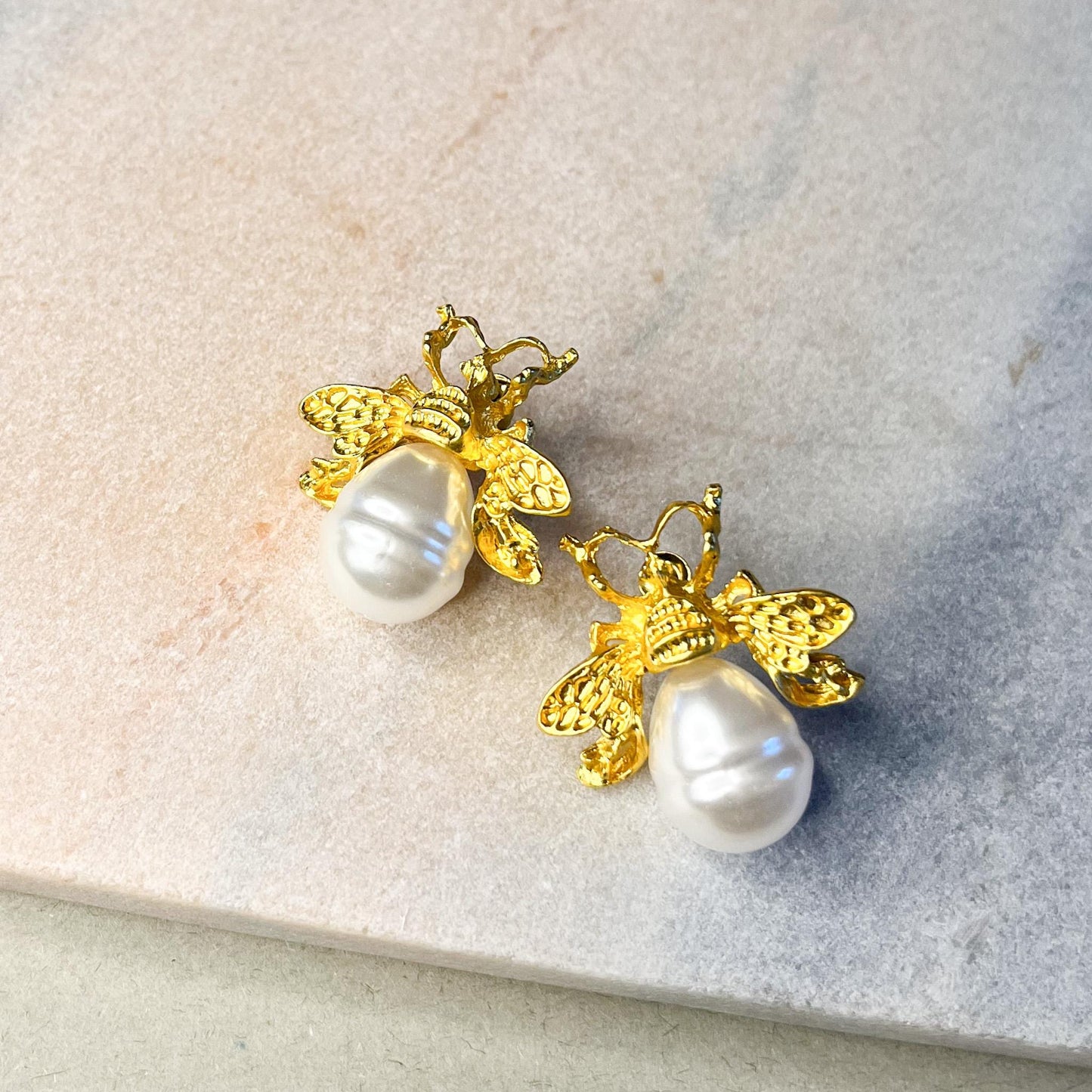Baroque Pearl Bee Earrings | Gold Statement Bumblebee Jewelry | Vintage Style Nature Gift