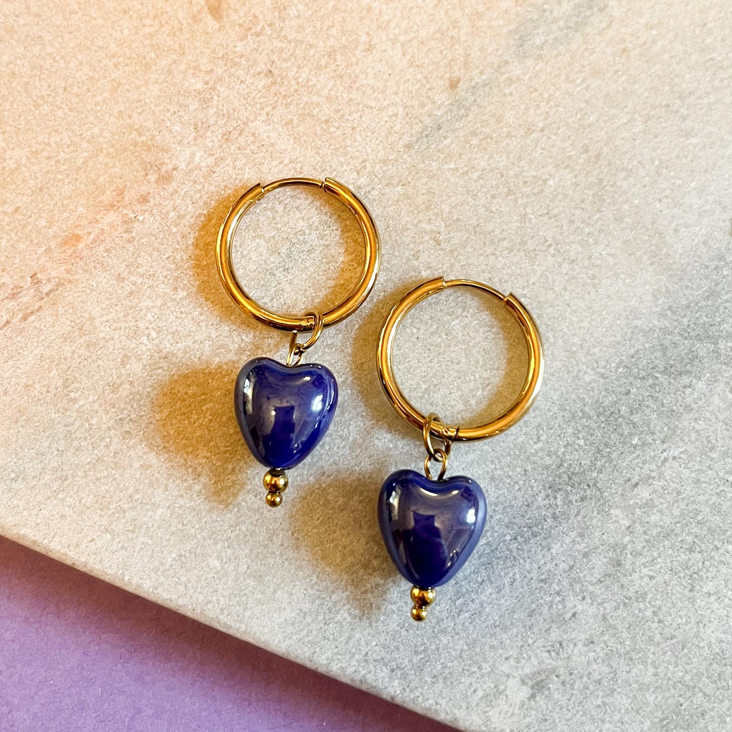 Ceramic Heart Hoop Earrings | Chunky Gold Huggie Hoops