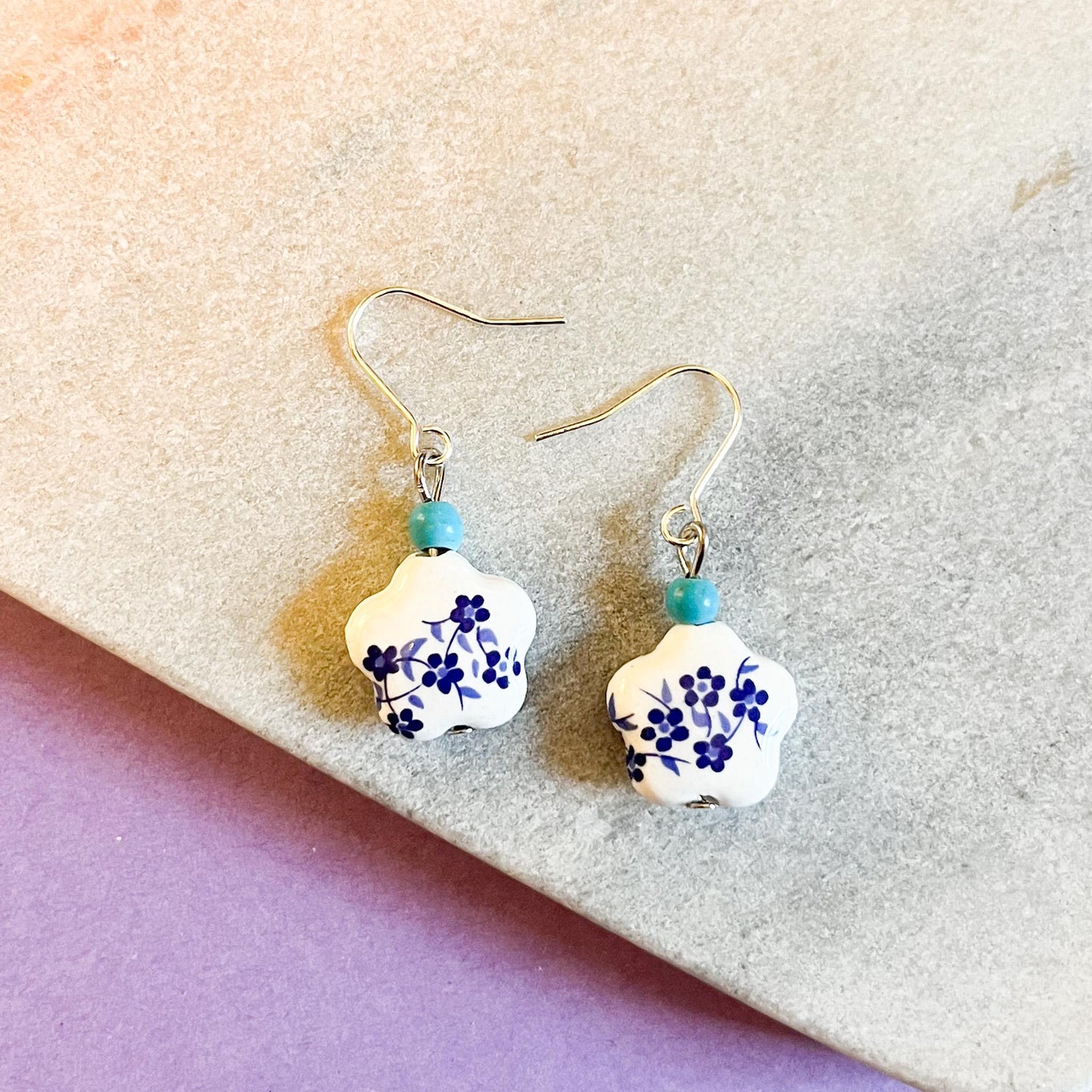 Blue and White Flower Drop Earrings | Porcelain Star-Shaped Beads Delft Style