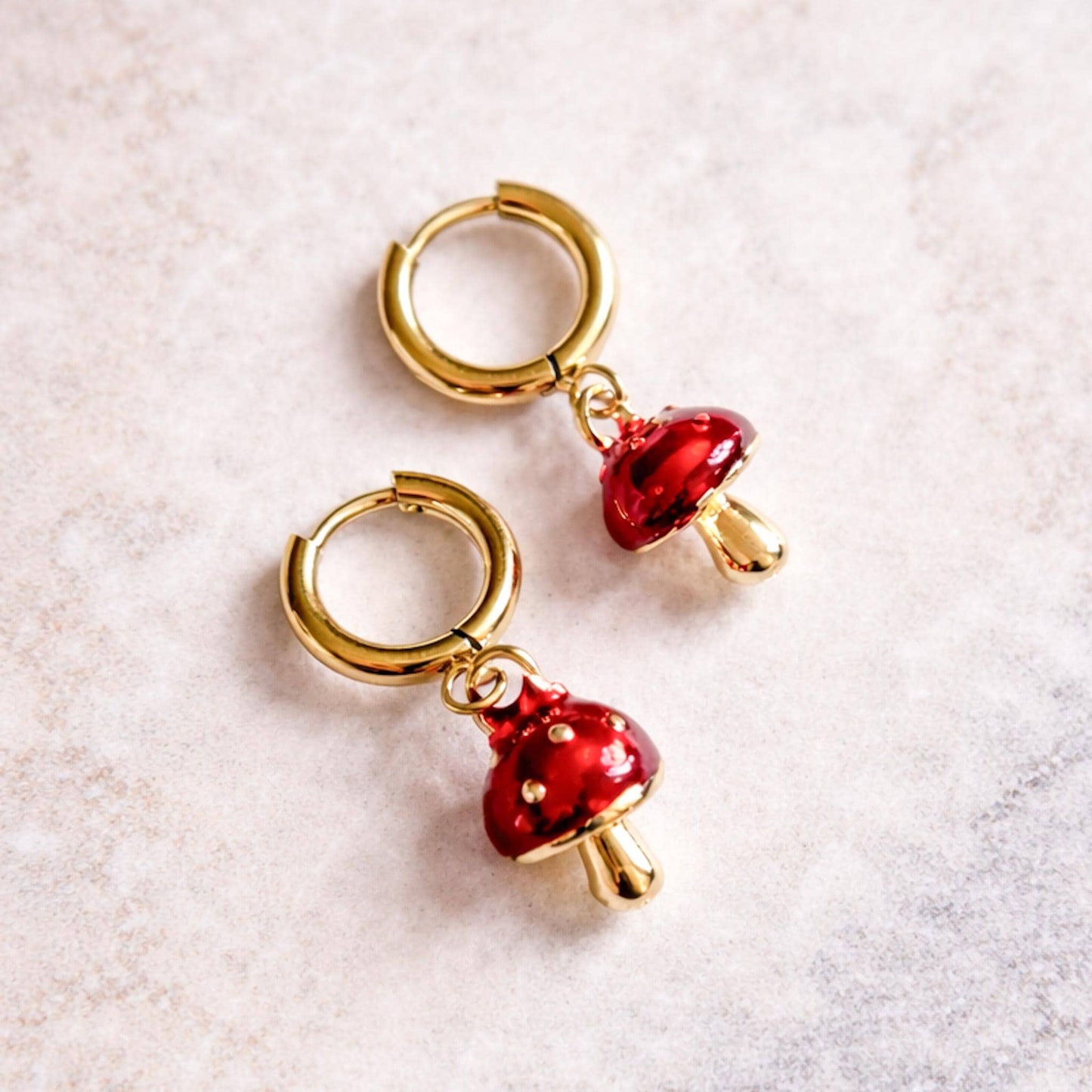 Mushroom Hoop Earrings, Red Toadstool Earrings, Cute Mushroom Charm Earrings, Fairycore Jewellery, Nature Inspired Gift