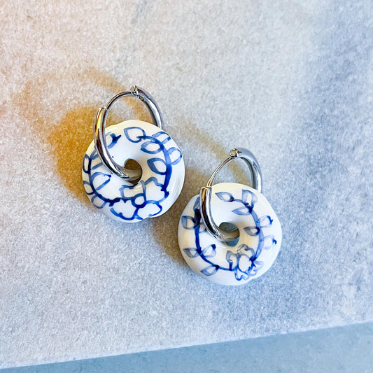 Delft Blue Ceramic Donut Charm Hoop Earrings | Unique Hand-Painted Gift
