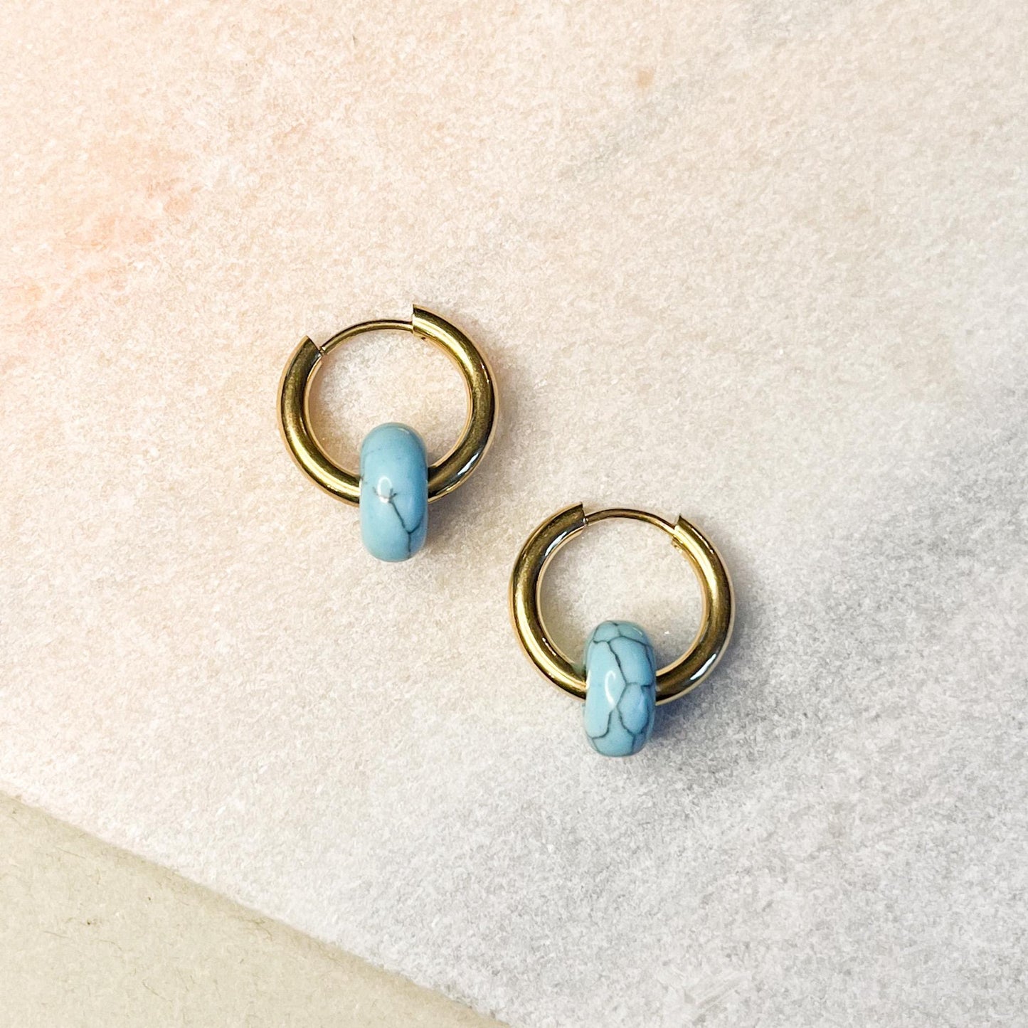 Turquoise Stone Gold Hoop Earrings, Boho Dainty Jewelry