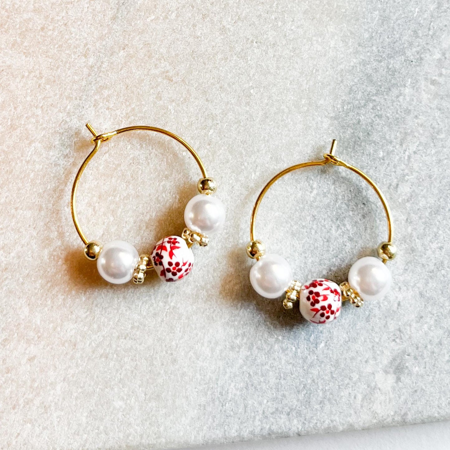 Beaded Hoop Earrings, Pearl Hoop Earrings, Floral Bead Earrings, Cute Hoop Jewellery, Dainty Gold Earrings