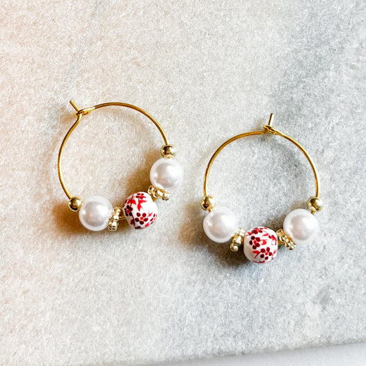 Beaded Hoop Earrings, Pearl Hoop Earrings, Floral Bead Earrings, Cute Hoop Jewellery, Dainty Gold Earrings