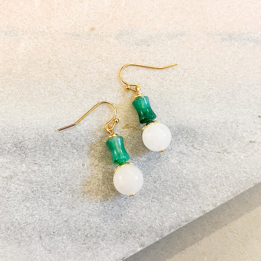 Art Deco Green & White Gemstone Dangle Earrings • Natural Stone Drop Earrings • Elegant Boho Gift for Her