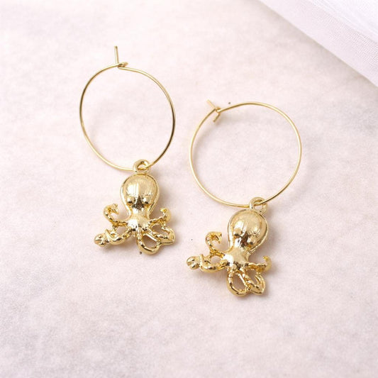 Gold Octopus Hoop Earrings, Ocean Animal Earrings, Cute Sea Creature Jewellery, Marine Life Gift, Beach Lover Earrings