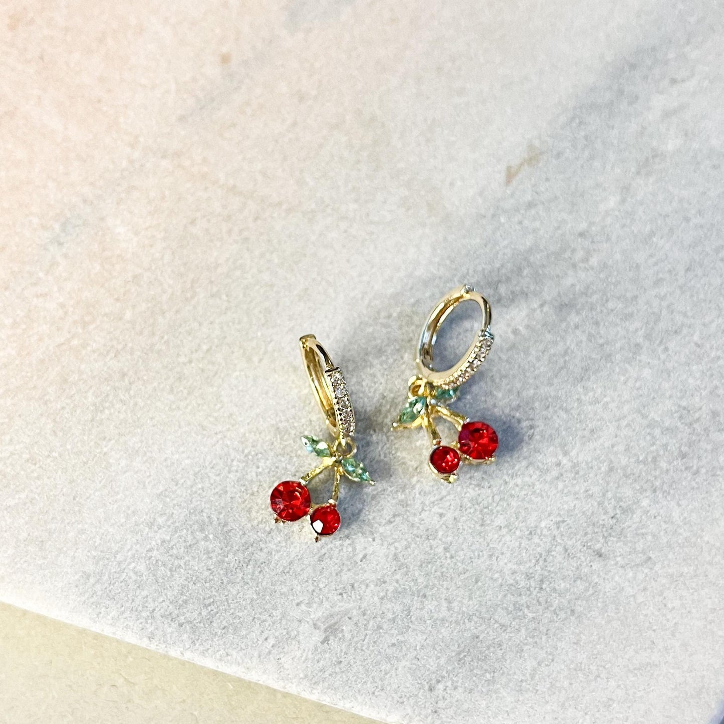 Cherry Dangle Hoop Earrings | Gold Huggie with Red Crystal Fruit | Summer Jewelry Gift
