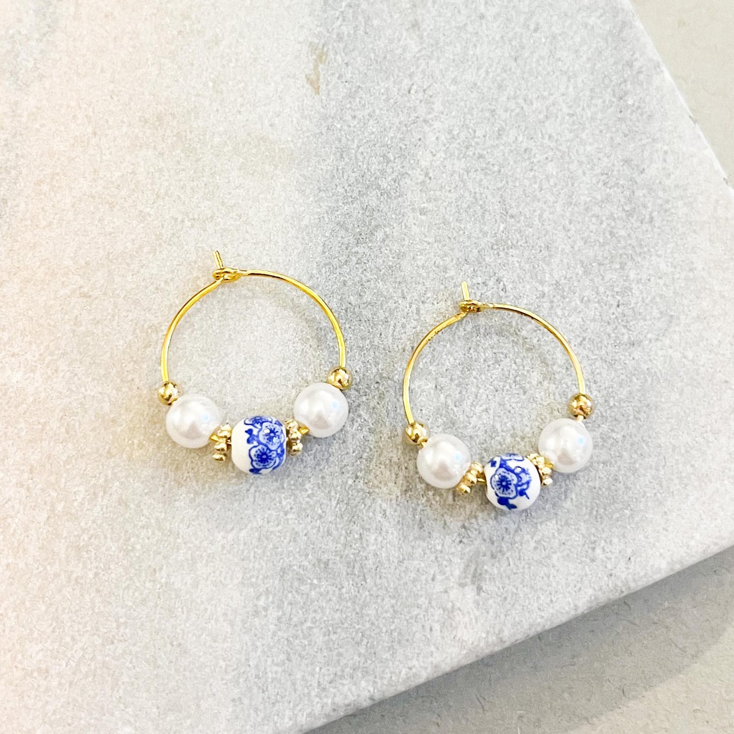 Gold Porcelain Floral Bead Hoop Earrings  • Elegant Gift for Her