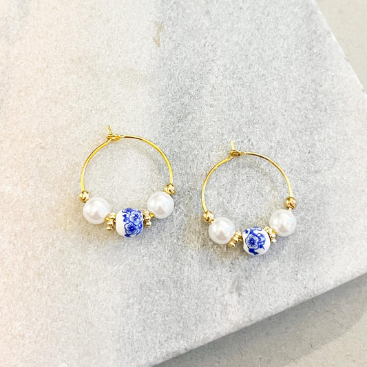 Gold Porcelain Floral Bead Hoop Earrings  • Elegant Gift for Her