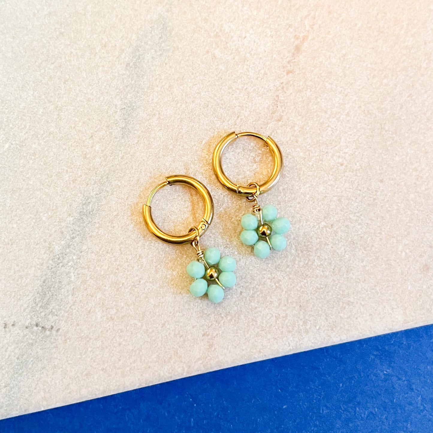 Beaded Flower Daisy Charm Hoop Earrings | Stainless Steel Huggie Hoops | Gift for Her