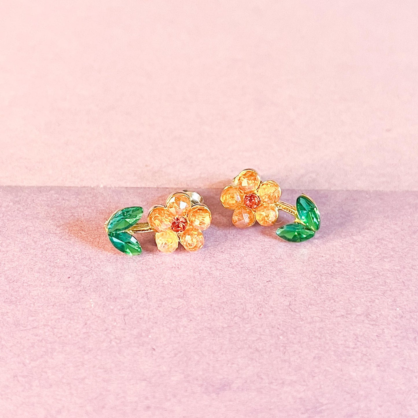 Dainty Flower Stud Earrings | Orange Crystal Daisy and Green Leaf Studs | Spring Gardener Gift