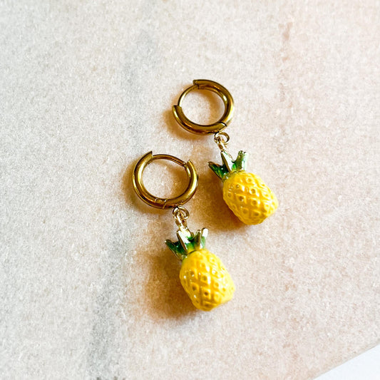 Pineapple Hoop Earrings, Cute Fruit Earrings, Gold Huggie Hoops, Summer Jewellery Gift for Her