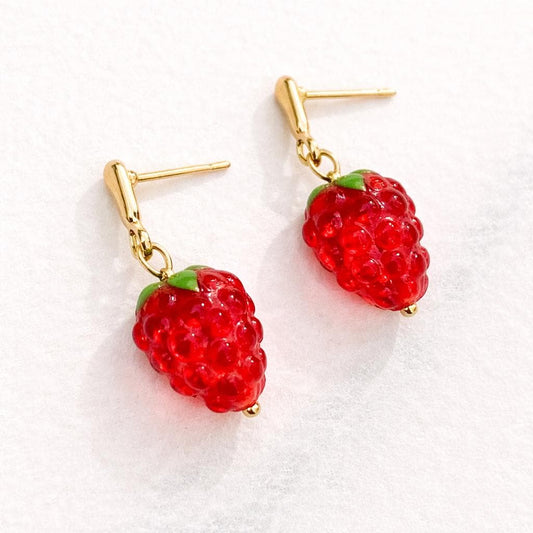 Raspberry Drop Earrings, Cute Berry Earrings, Fruit Jewellery, Cottagecore Earrings, Red Berry Earrings, Gift for Her