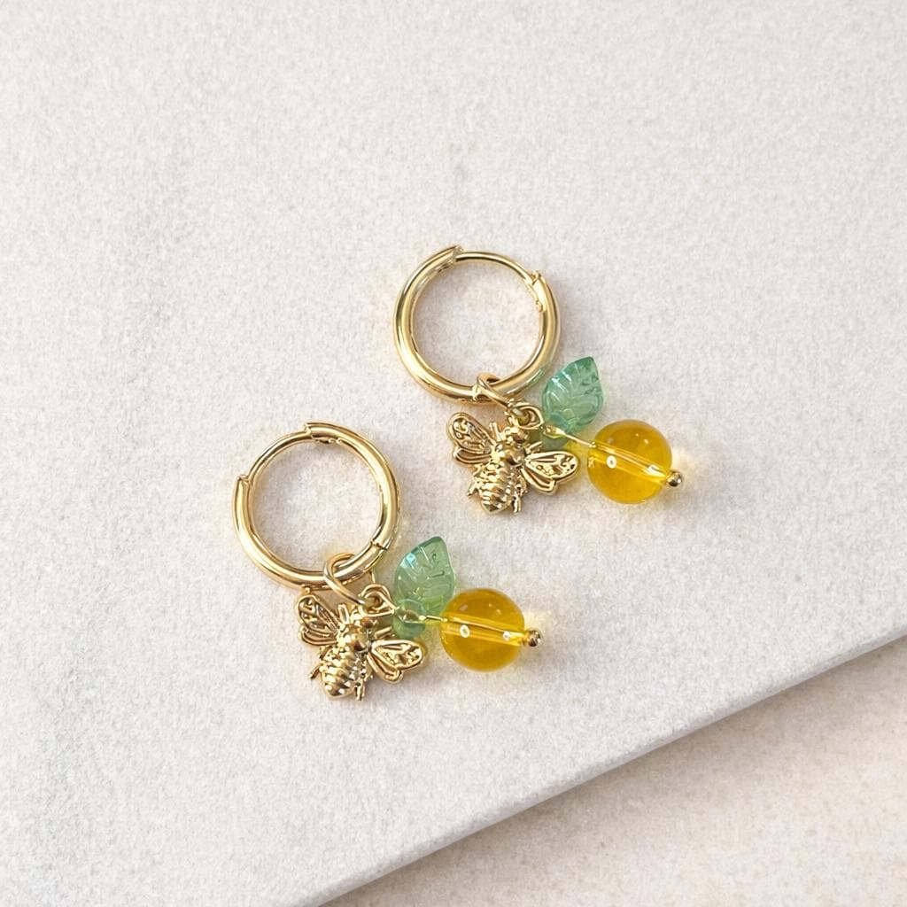 Gold Bee Huggie Hoop Earrings | Orange Bead, Flower Charm