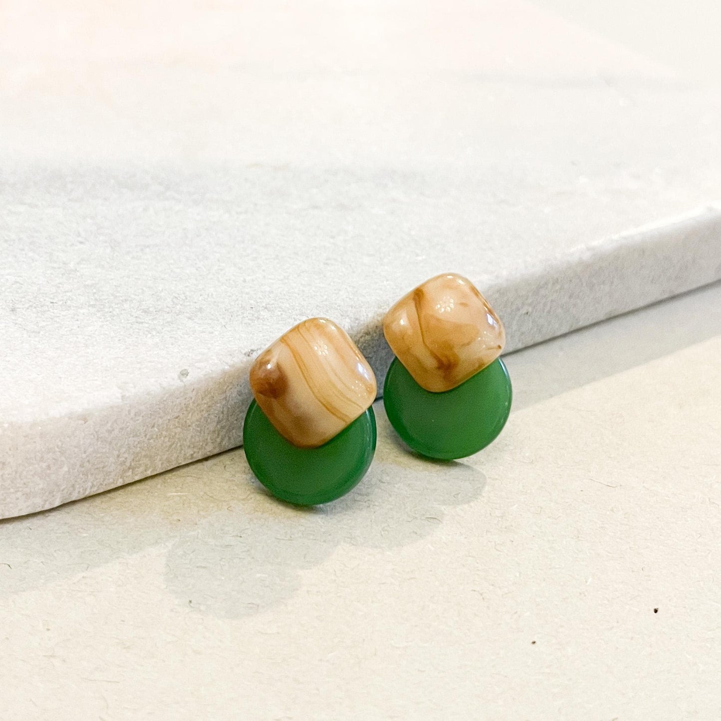 Chunky Geometric Post Earrings - Marbled Resin Two-Tone Studs - Earthy Green and Classic Tortoise Statement Studs