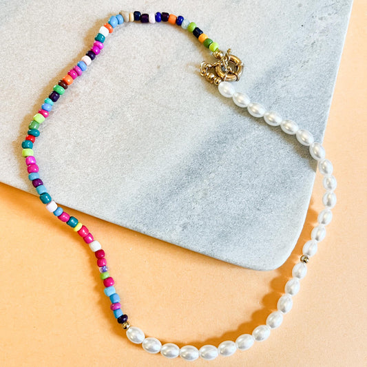 Rainbow Seed Bead Pearl Necklace, Colorful Half and Half Beaded Choker