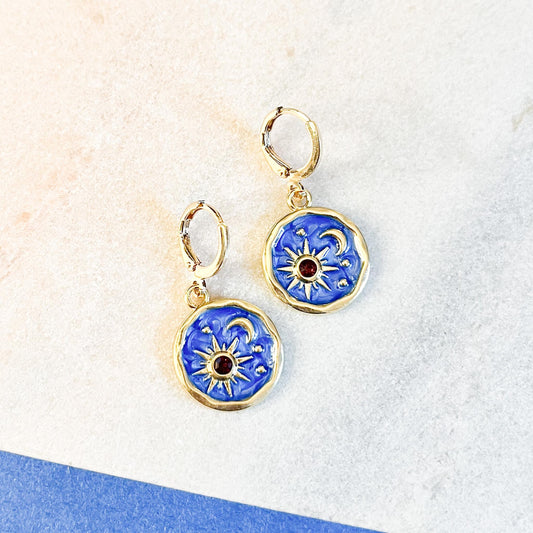 Enamel Sun Face Huggie Hoop Earrings |Celestial Dangle Hoops | Bohemian Zodiac Jewelry Gift