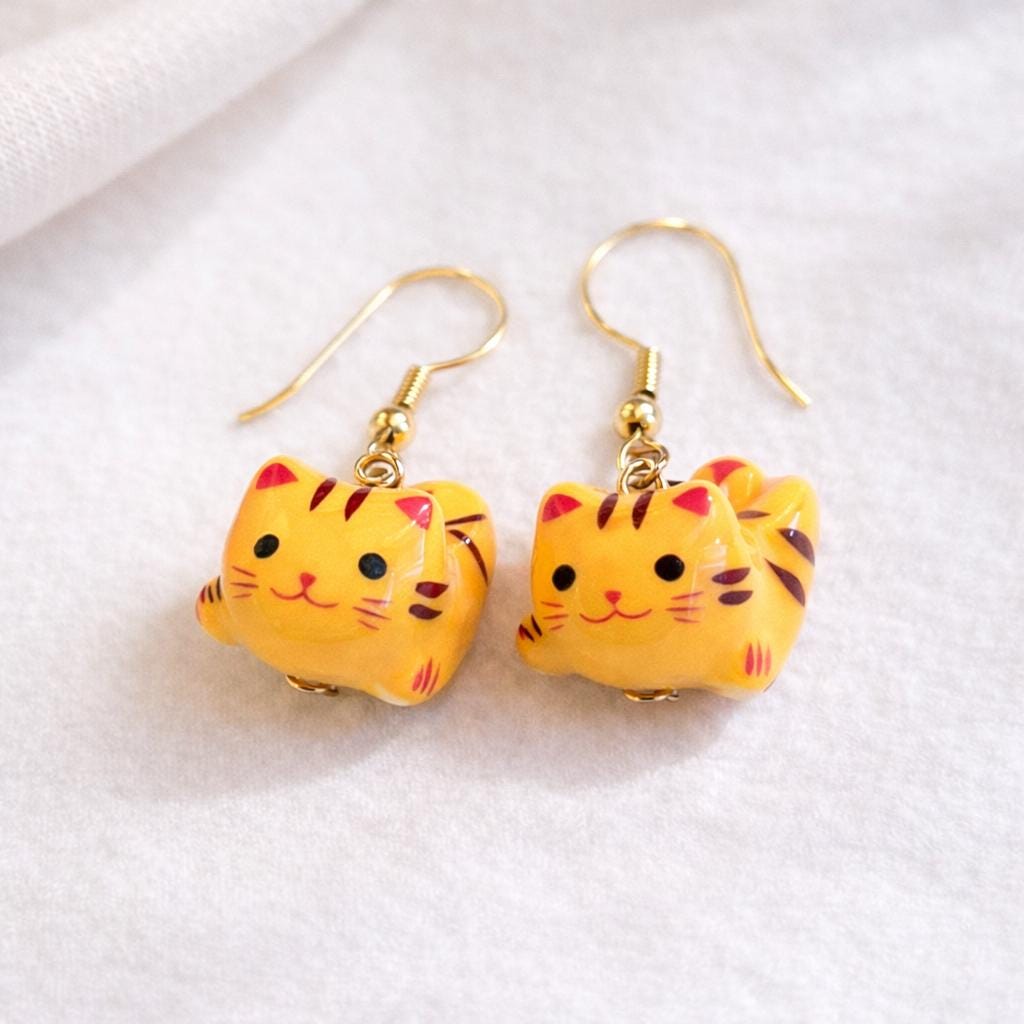 Ceramic Lucky Cat Drop Earrings | Maneki Neko Waving Cat Jewellery, Kawaii