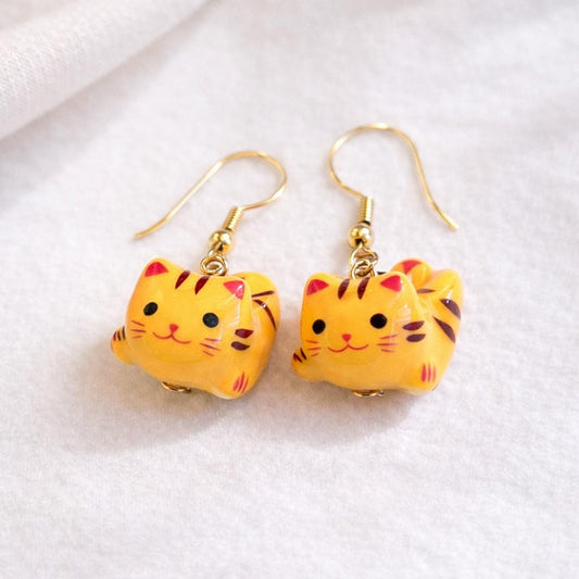 Ceramic Lucky Cat Drop Earrings | Maneki Neko Waving Cat Jewellery, Kawaii