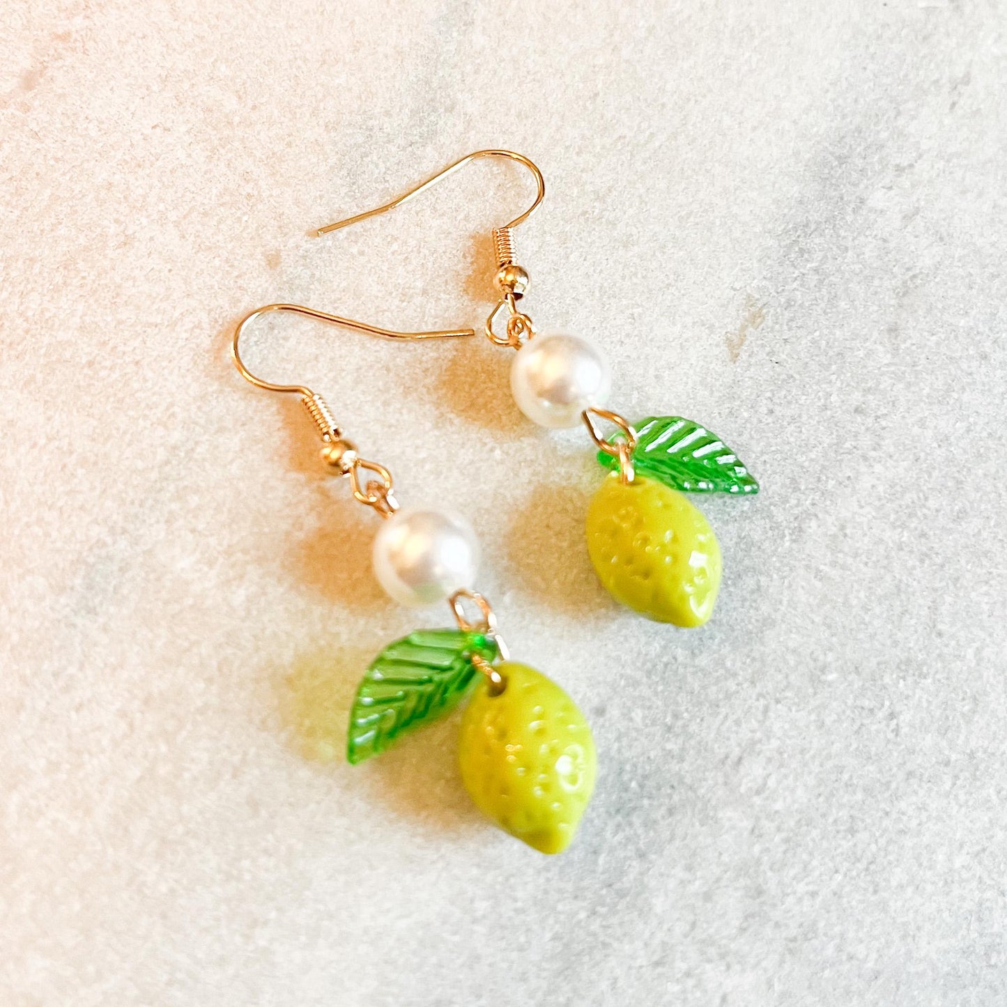 Lemon or Lime Pearl Drop Earrings, Fruit Charm Earrings, Cute Summer Jewellery, Gift For Her, Handmade Fruit Earrings