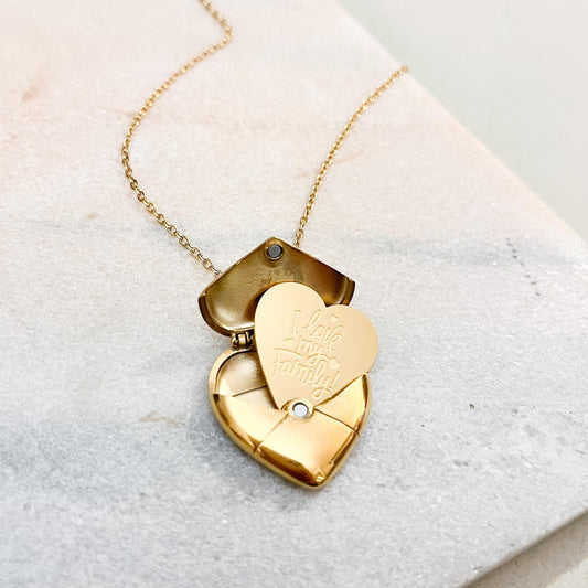 Gold Heart Envelope Locket Necklace – Secret Message Pull-Out Heart – "I Love My Family" & "I Love You" Engraved – Romantic Sentimental Gift