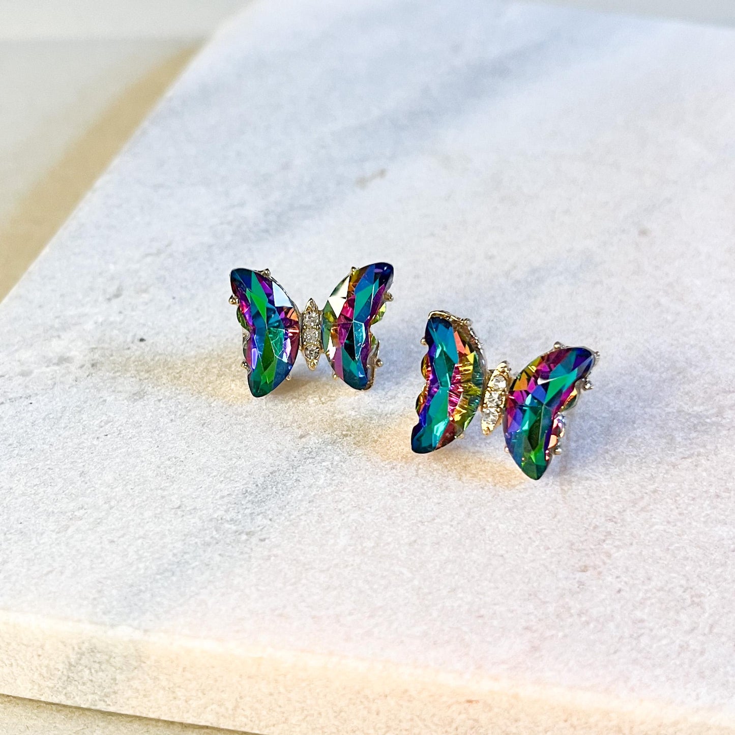 Iridescent Butterfly Stud Earrings, Crystal Butterfly Earrings, Colourful Statement Studs, Gift For Her, Nature Inspired Earrings