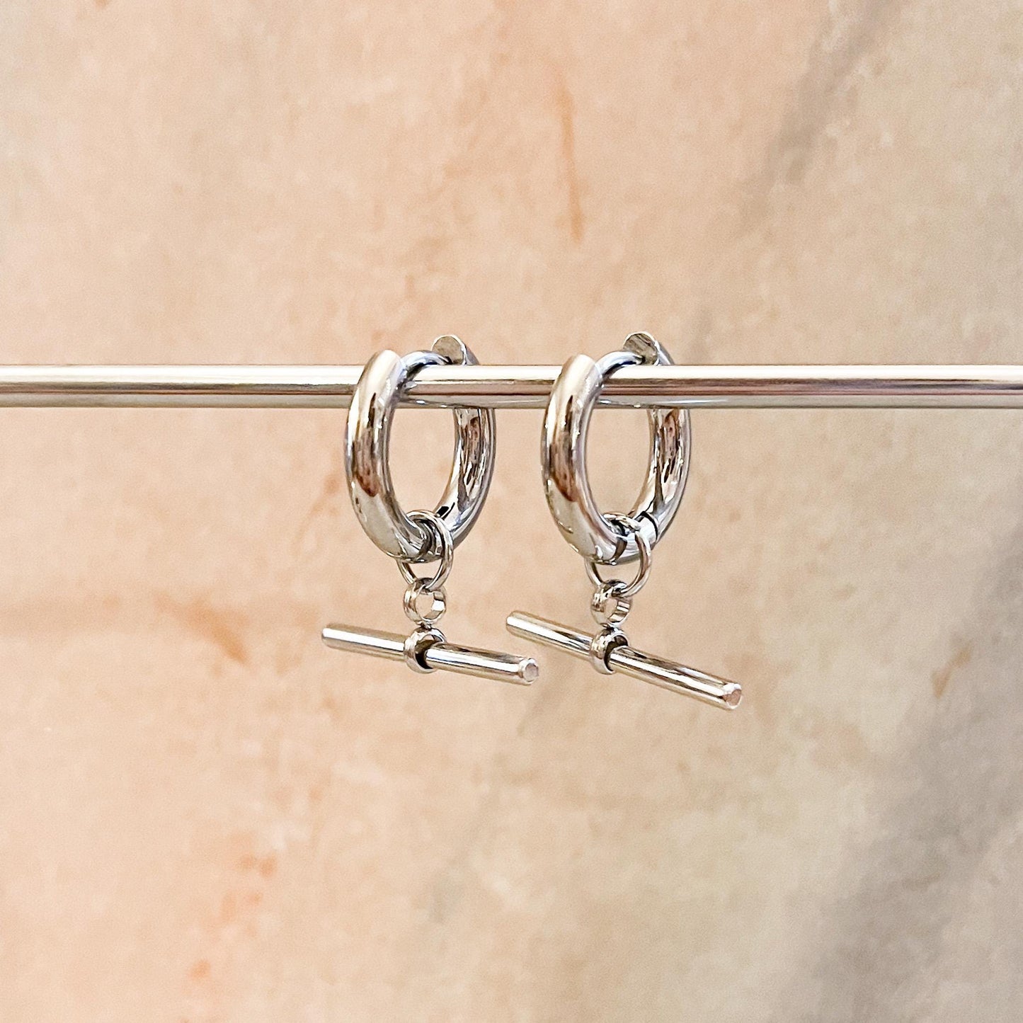 Art Deco T-Bar Toggle Huggie Hoop Earrings in Gold or Silver, Minimalist Geometric Dangle Hoops, Modern Earrings for Her